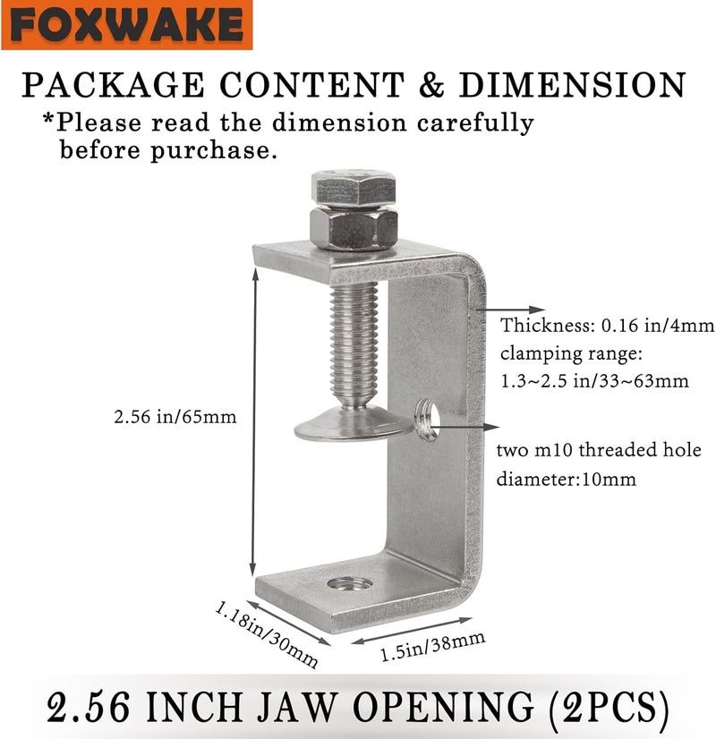 foxwake Heavy Duty Stainless Steel C Clamps 2 1/2 Inch for WoodWorking, Small U Clamps for Mounting, Mini Desk Clamps with Stable Wide Jaw Opening & Protective Pads/I-Beam Design (2pcs) - Image 2